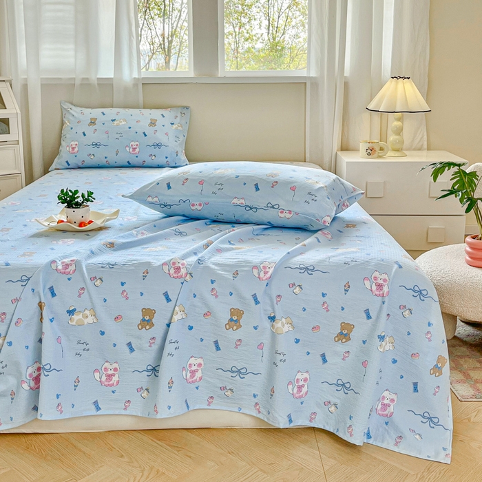 91家纺网 家纺一手货源 找家纺 优米家纺 2025新款ins小清新双层纱印花床单 奇趣乐园