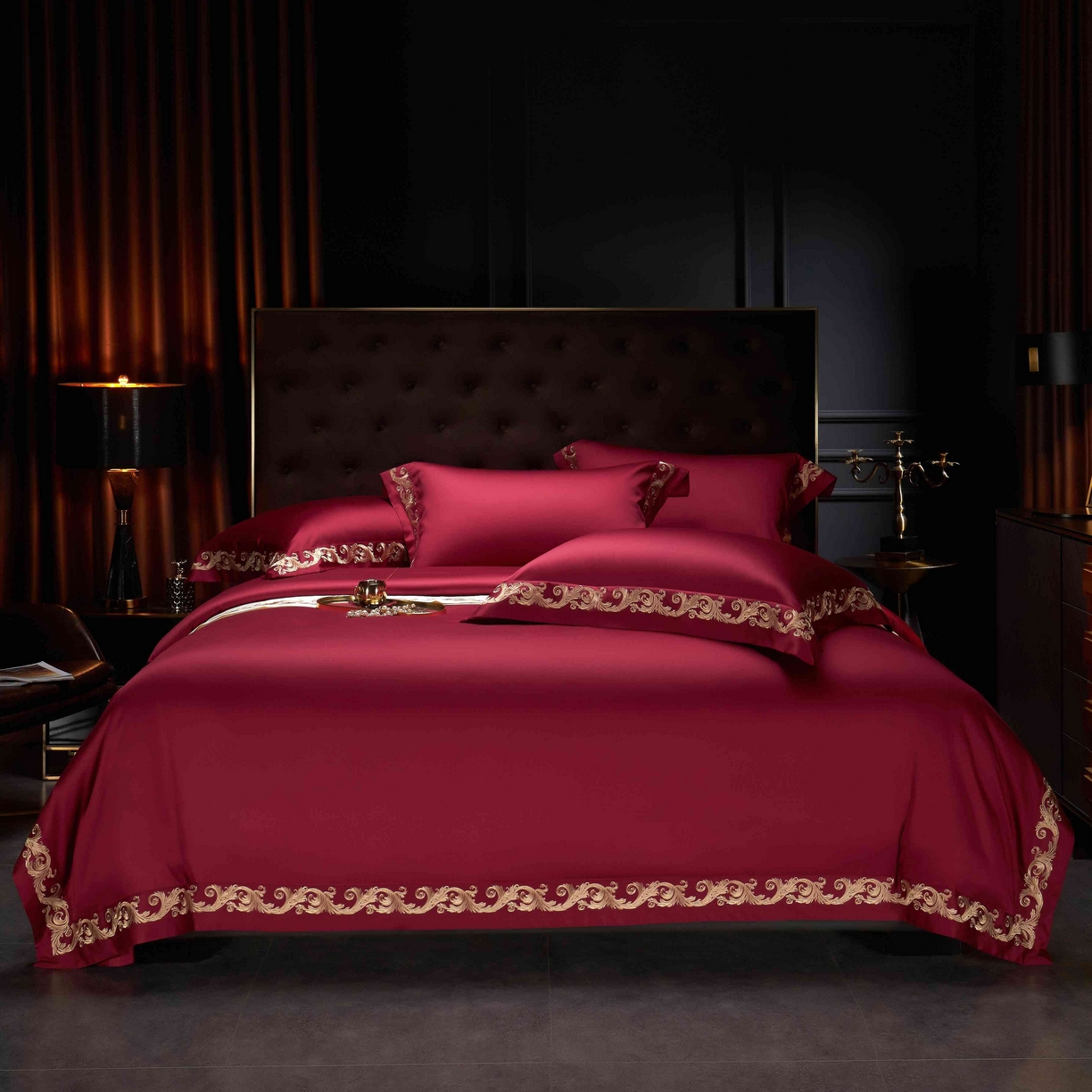 91家纺网 家纺一手货源 找家纺 缔缦 2025新款高端定织面料S140长绒棉精梳棉重磅刺绣四件套罗莎系列 酒红