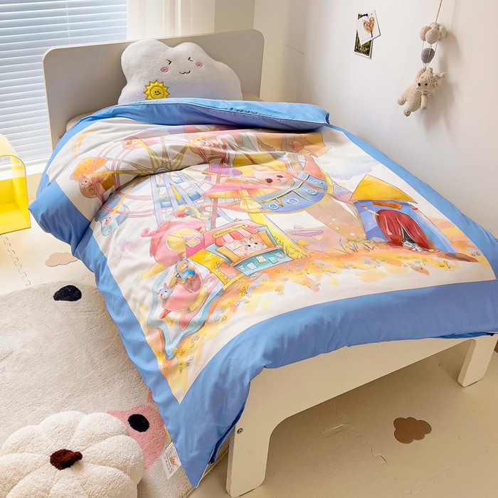 91家纺网 家纺一手货源 找家纺 梵赫 2025新款卡通全棉A类夹棉两用幼儿园儿童夏被被套 摩天轮-蓝