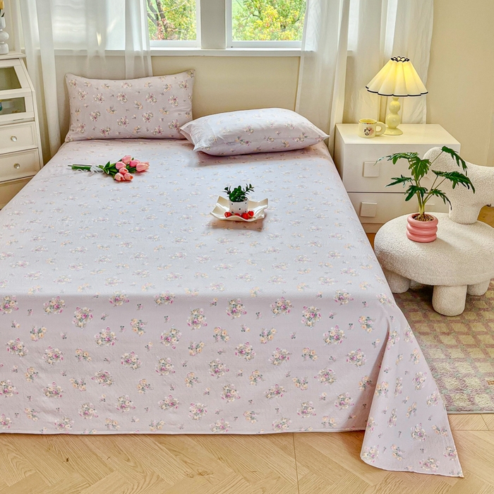 91家纺网 家纺一手货源 找家纺 优米家纺 2025新款ins小清新双层纱印花床单 罗曼花园