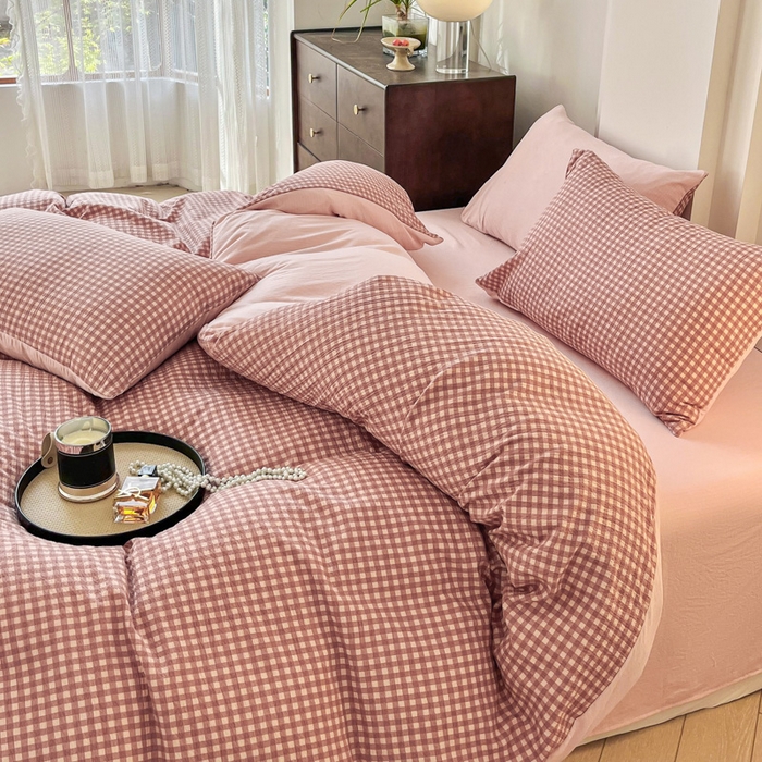 91家纺网 家纺一手货源 找家纺 优米家纺 2025新款色织双层纱木棉四件套 奶油粉格