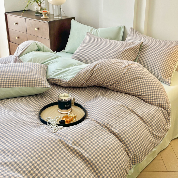 91家纺网 家纺一手货源 找家纺 优米家纺 2025新款色织双层纱木棉四件套 雾霾蓝+香草绿