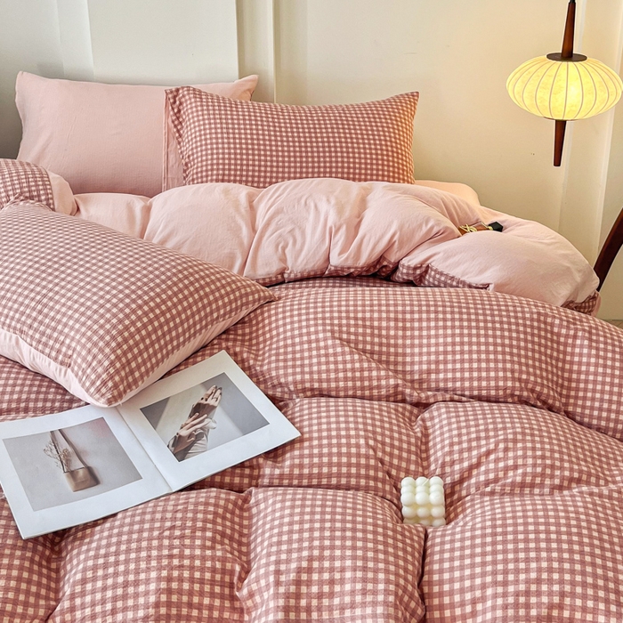 91家纺网 家纺一手货源 找家纺 优米家纺 2025新款色织双层纱木棉四件套 奶油粉格