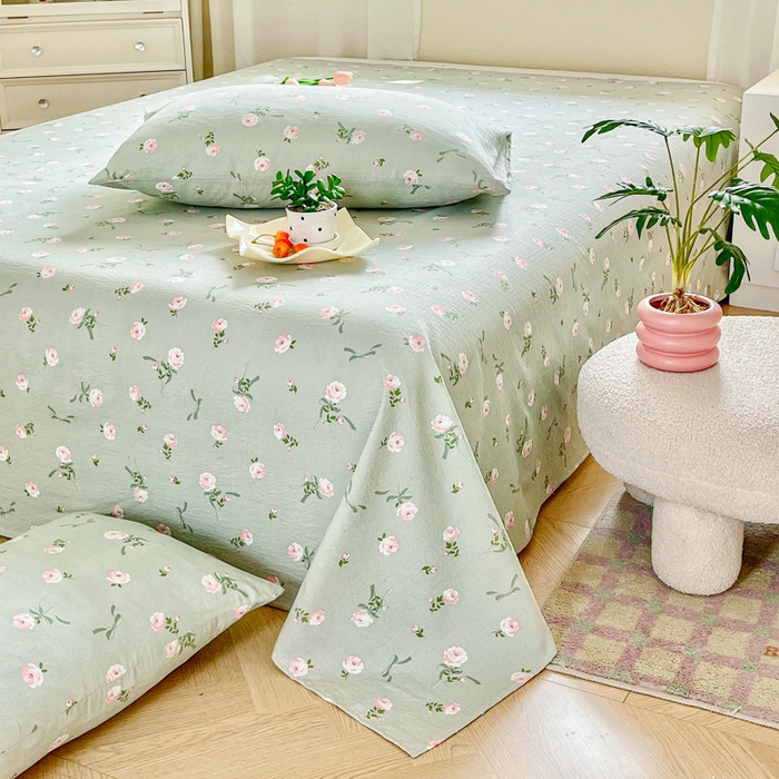 91家纺网 家纺一手货源 找家纺 优米家纺 2025新款ins小清新双层纱印花床单 午后蔷薇