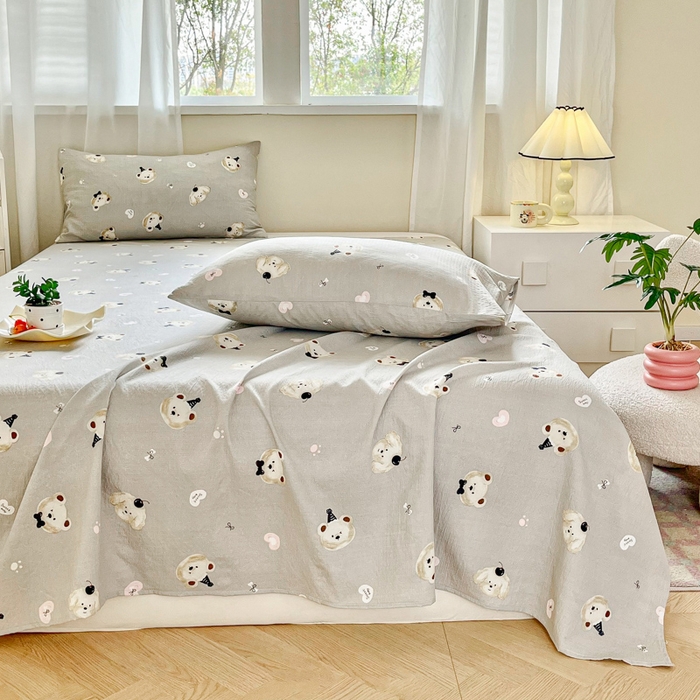 91家纺网 家纺一手货源 找家纺 优米家纺 2025新款ins小清新双层纱印花床单 爱心熊