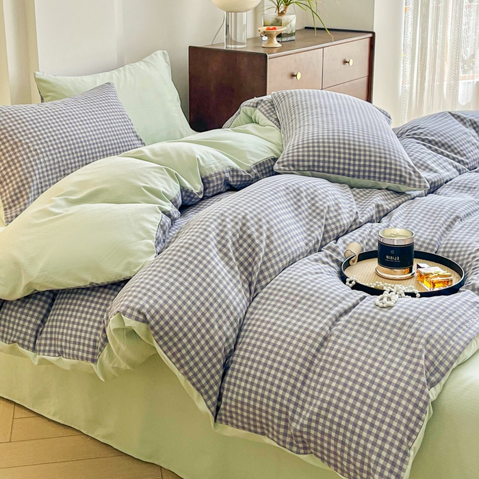 91家纺网 家纺一手货源 找家纺 优米家纺 2025新款色织双层纱木棉四件套 淡雅蓝+香草绿