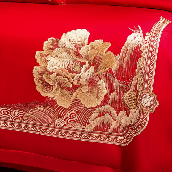 91家纺网 家纺一手货源 找家纺 振翼家纺婚庆专供 2025新款全棉长绒棉婚庆精致绣花四件套 玫瑰天使金