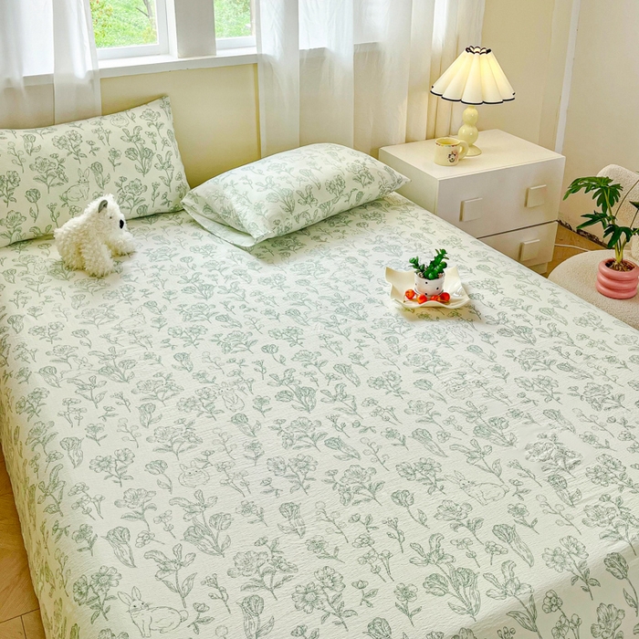 91家纺网 家纺一手货源 找家纺 优米家纺 2025新款ins小清新双层纱印花床单 锦绣花园