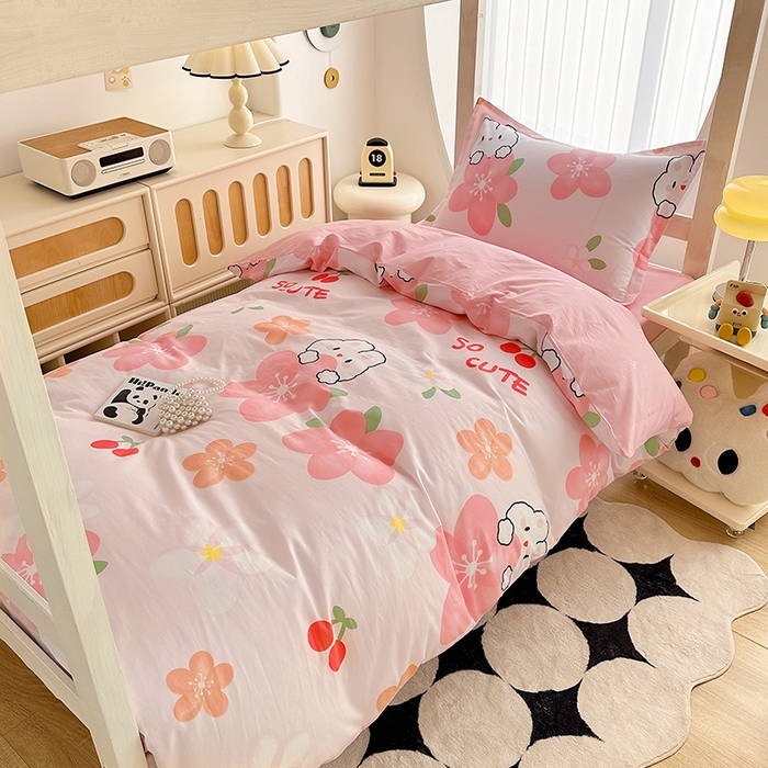 91家纺网 家纺一手货源 找家纺 卡普二店 2024新款爆款加厚卡通小清新全棉纯棉学生宿舍三件套床笠隔天可拿 花田小兔