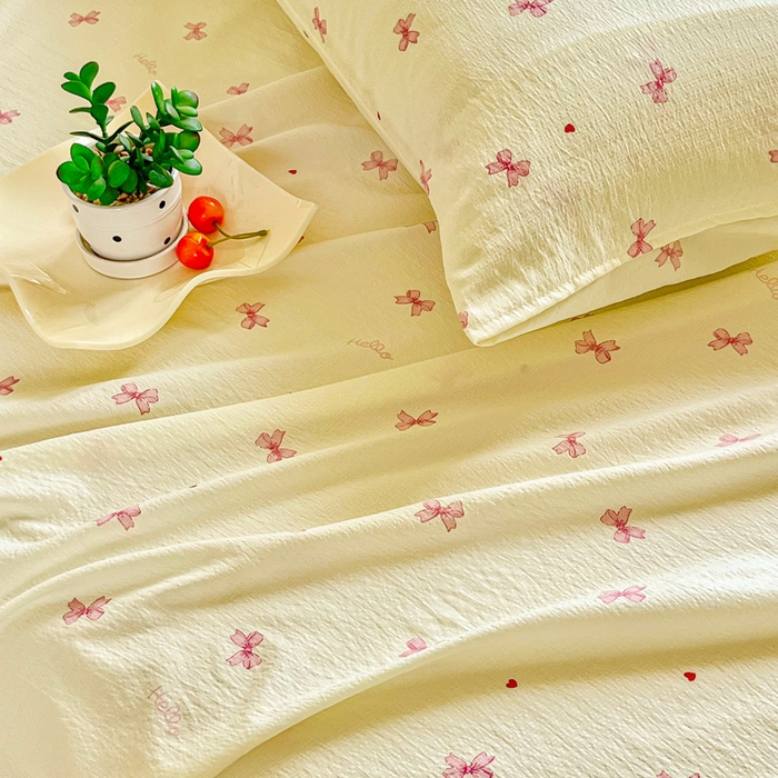 91家纺网 家纺一手货源 找家纺 优米家纺 2025新款ins小清新双层纱印花床单 蝴蝶结