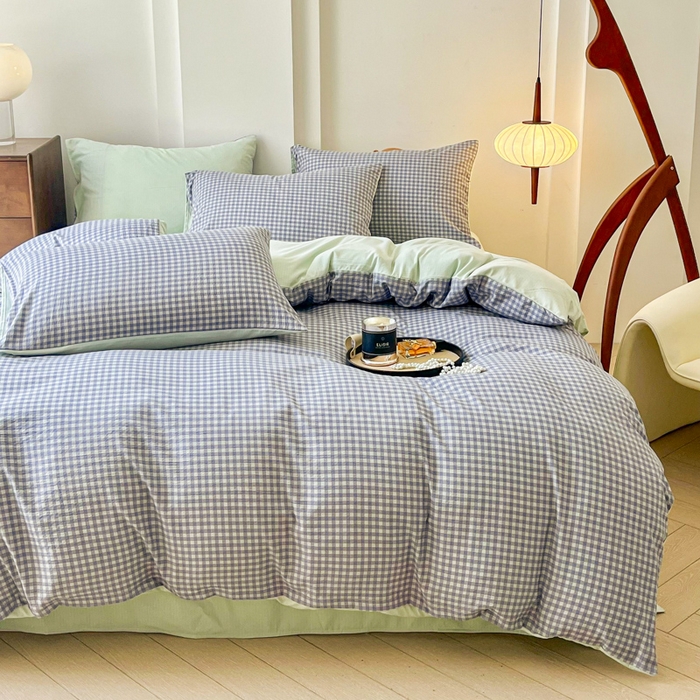 91家纺网 家纺一手货源 找家纺 优米家纺 2025新款色织双层纱木棉四件套 淡雅蓝+香草绿