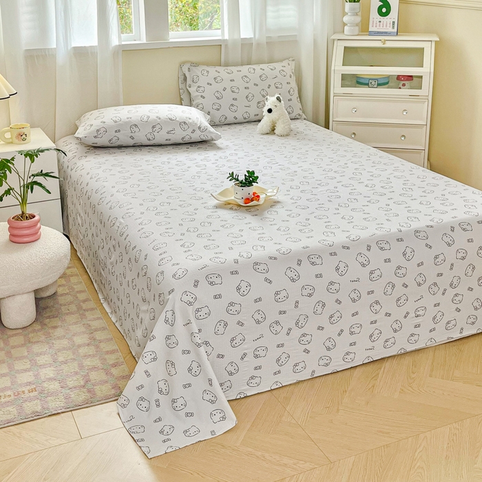 91家纺网 家纺一手货源 找家纺 优米家纺 2025新款ins小清新双层纱印花床单 奶猫