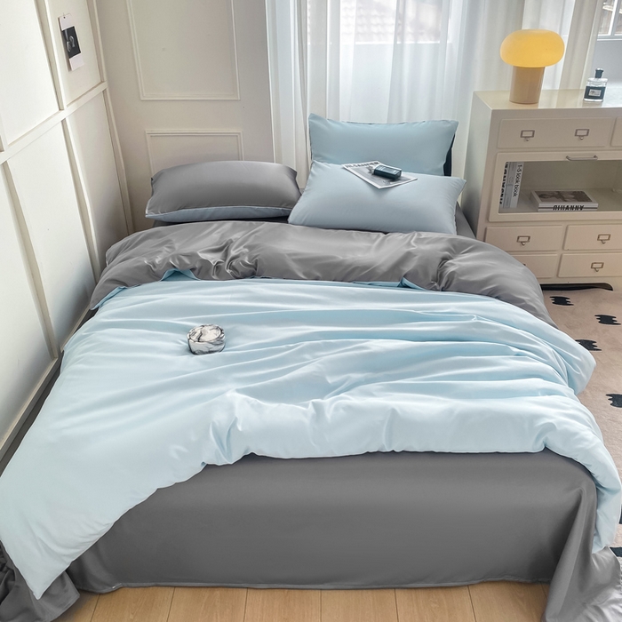 91家纺网 家纺一手货源 找家纺 乐沐家纺 2024新款夏季水洗冰丝四件套水洗真丝纯色双拼单被套-风格二 天空蓝灰