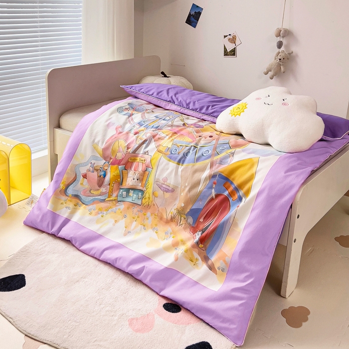91家纺网 家纺一手货源 找家纺 梵赫 2025新款卡通全棉A类夹棉两用幼儿园儿童夏被被套 摩天轮-紫