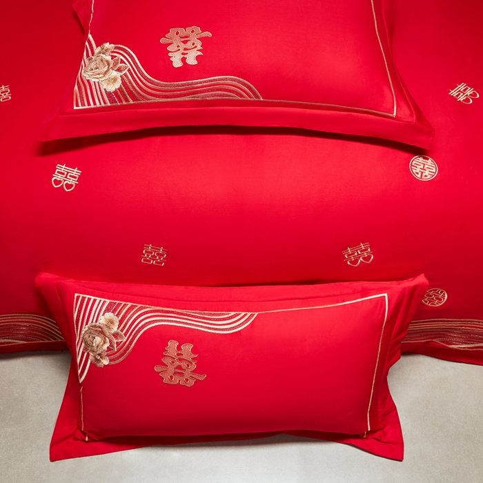 91家纺网 家纺一手货源 找家纺 振翼家纺婚庆专供 2025新款全棉长绒棉婚庆精致绣花四件套 喜相连金