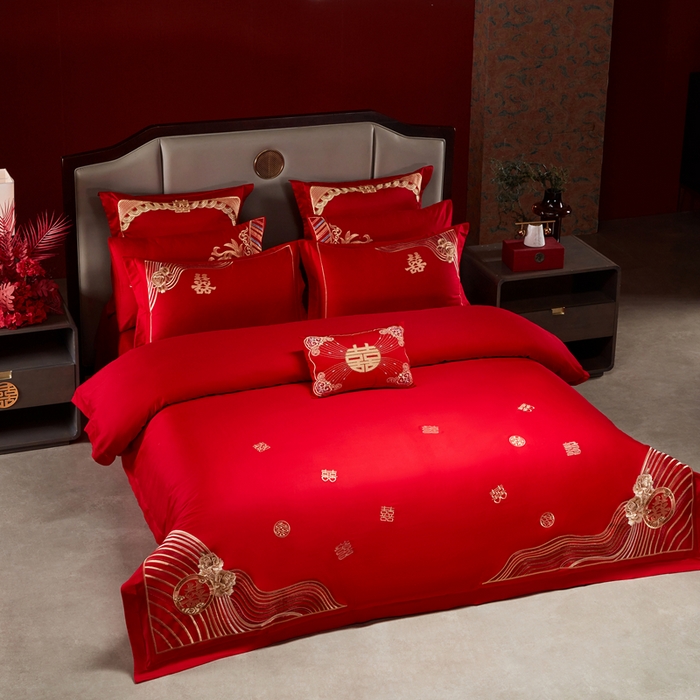 91家纺网 家纺一手货源 找家纺 振翼家纺婚庆专供 2025新款全棉长绒棉婚庆精致绣花四件套 喜相连金