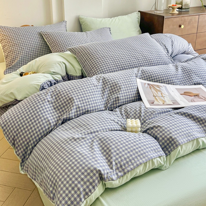 91家纺网 家纺一手货源 找家纺 优米家纺 2025新款色织双层纱木棉四件套 淡雅蓝+香草绿