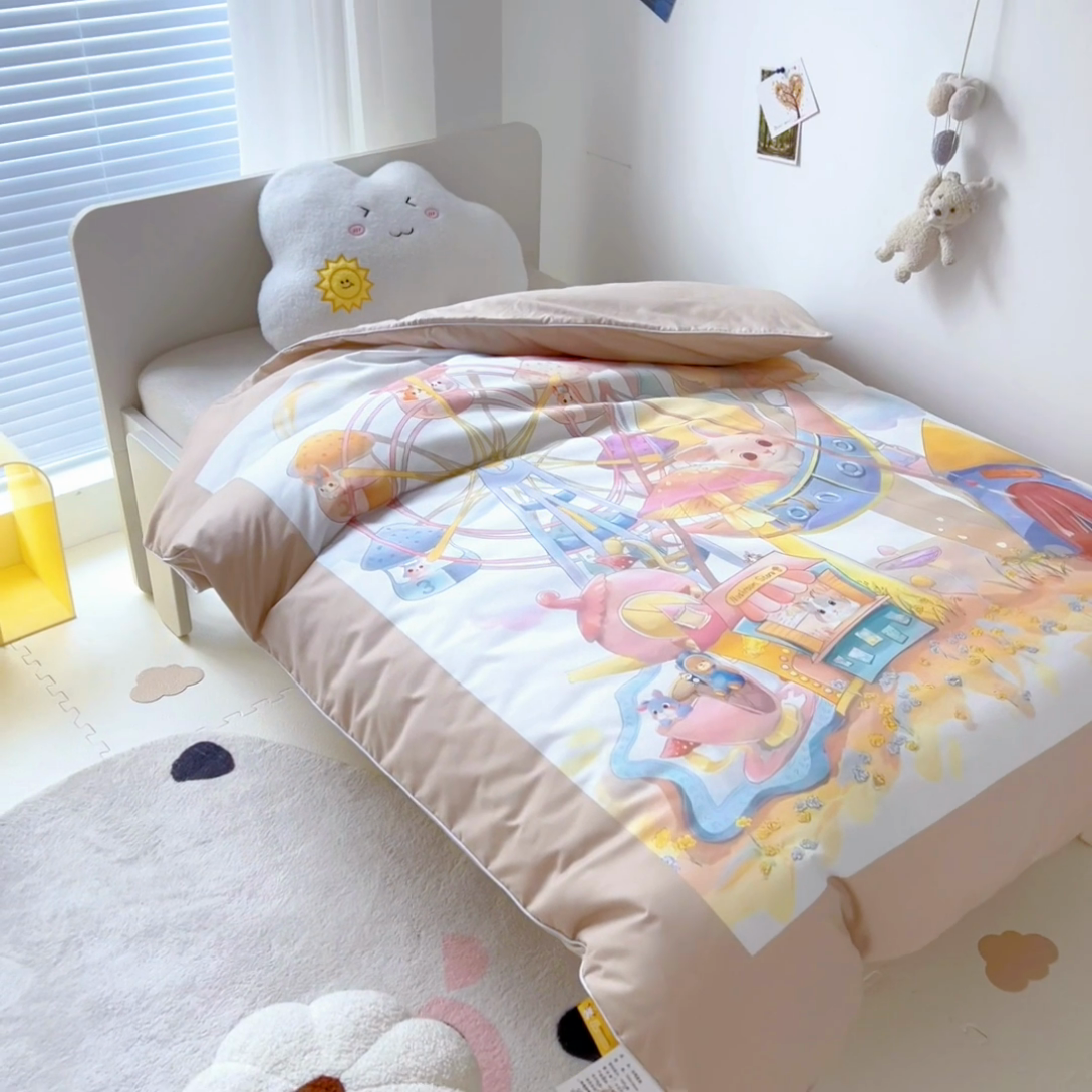 91家纺网 家纺一手货源 找家纺 梵赫 2025新款卡通全棉A类夹棉两用幼儿园儿童夏被被套 摩天轮-黄