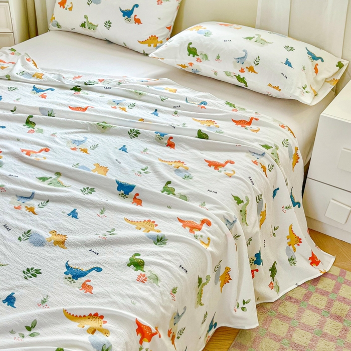 91家纺网 家纺一手货源 找家纺 优米家纺 2025新款ins小清新双层纱印花床单 恐龙乐园