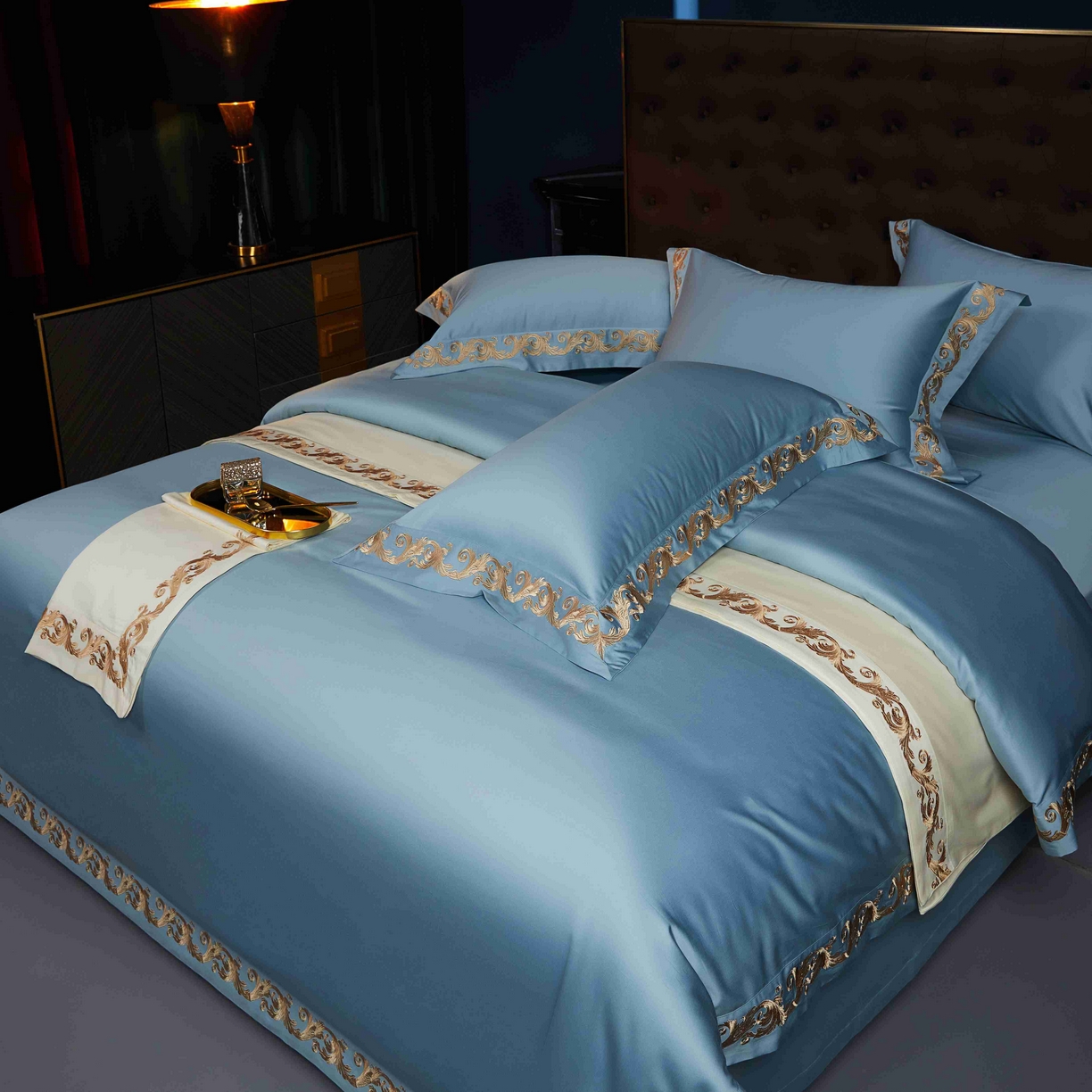 91家纺网 家纺一手货源 找家纺 缔缦 2025新款高端定织面料S140长绒棉精梳棉重磅刺绣四件套罗莎系列 罗莎 兰