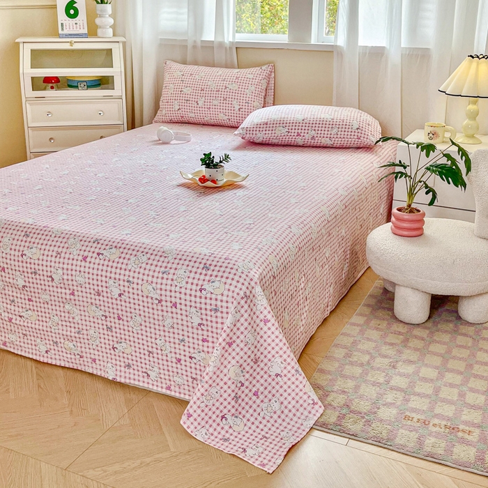 91家纺网 家纺一手货源 找家纺 优米家纺 2025新款ins小清新双层纱印花床单 格子猫咪