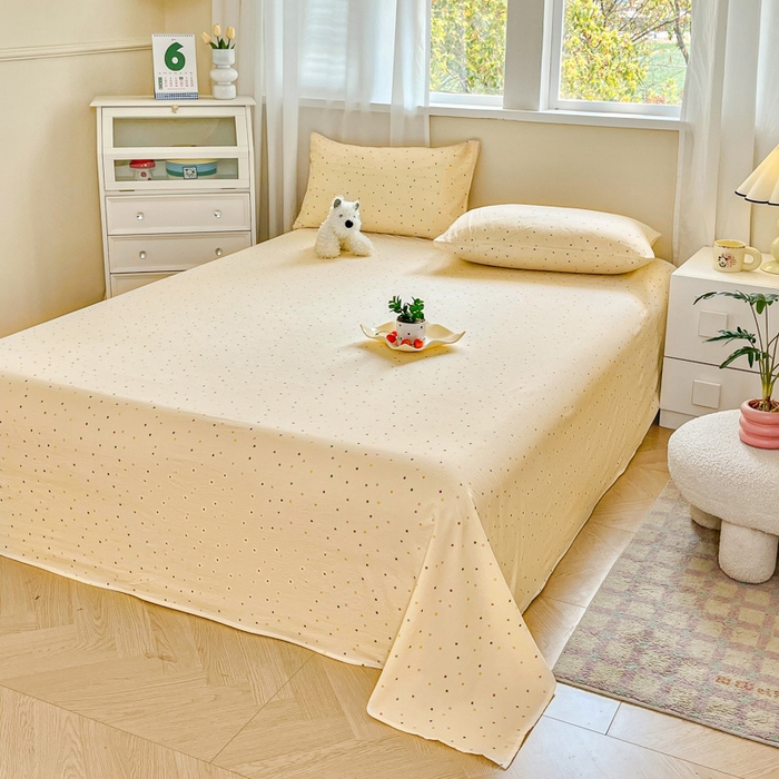 91家纺网 家纺一手货源 找家纺 优米家纺 2025新款ins小清新双层纱印花床单 五彩点点