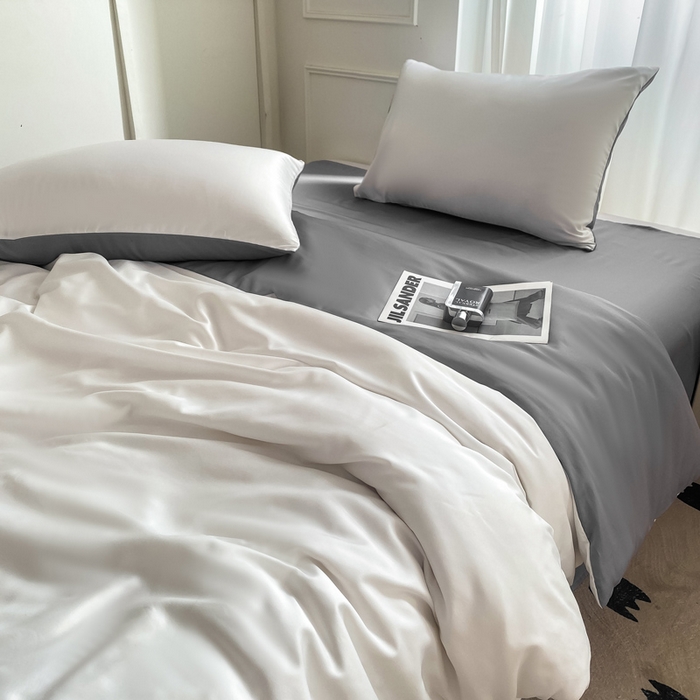 91家纺网 家纺一手货源 找家纺 乐沐家纺 2024新款夏季水洗冰丝四件套水洗真丝纯色双拼单被套-风格二 魔法灰白
