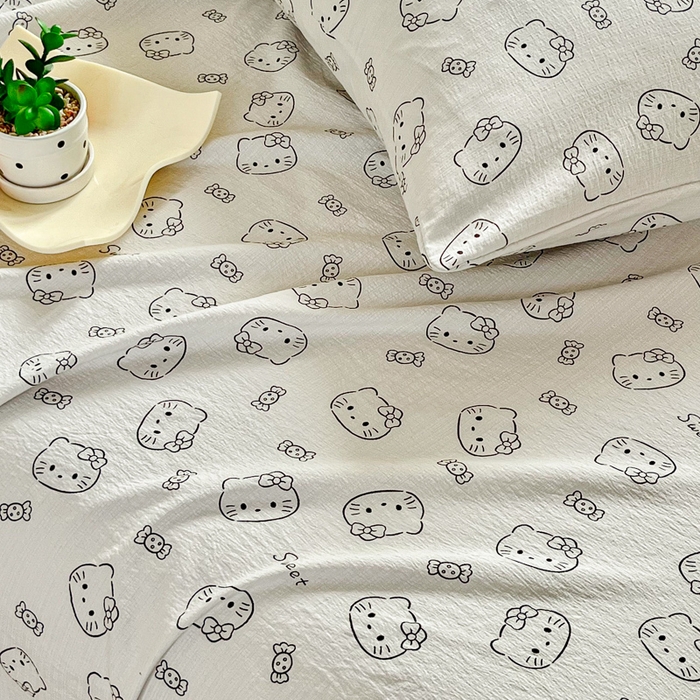 91家纺网 家纺一手货源 找家纺 优米家纺 2025新款ins小清新双层纱印花床单 奶猫