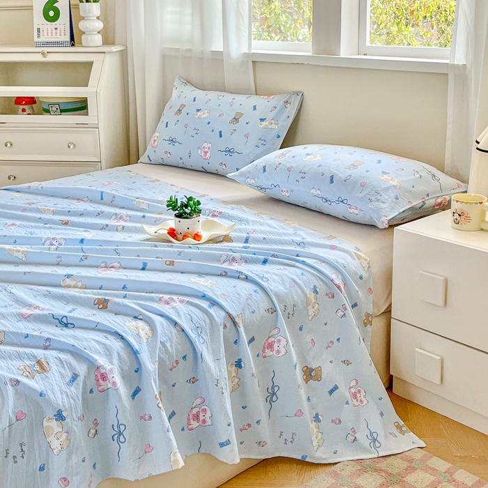 91家纺网 家纺一手货源 找家纺 优米家纺 2025新款ins小清新双层纱印花床单 奇趣乐园