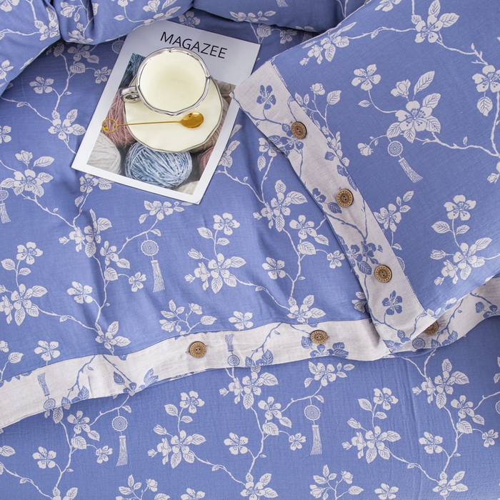 91家纺网 家纺一手货源 找家纺 鲁爱家纺供货 2025新款全棉色织双层纱纽扣四件套 春晖-浅兰