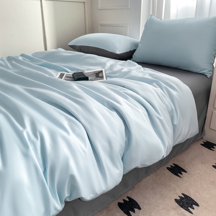 91家纺网 家纺一手货源 找家纺 乐沐家纺 2024新款夏季水洗冰丝四件套水洗真丝纯色双拼单被套-风格二 天空蓝灰