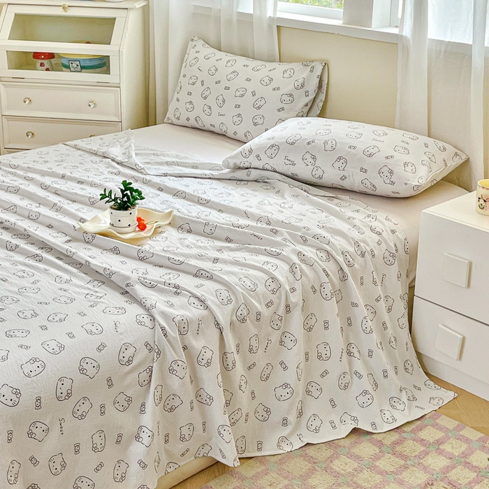 91家纺网 家纺一手货源 找家纺 优米家纺 2025新款ins小清新双层纱印花床单 奶猫