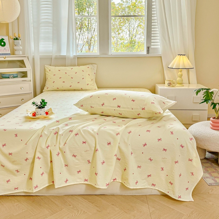 91家纺网 家纺一手货源 找家纺 优米家纺 2025新款ins小清新双层纱印花床单 蝴蝶结