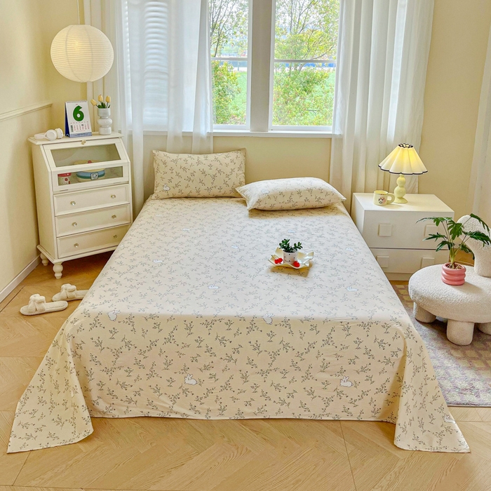 91家纺网 家纺一手货源 找家纺 优米家纺 2025新款ins小清新双层纱印花床单 铃兰兔兔