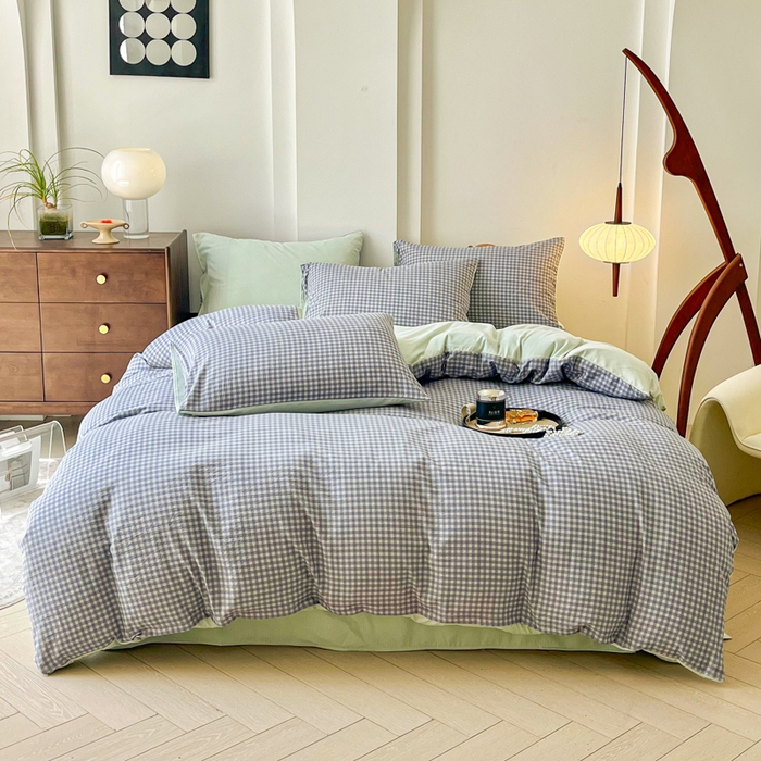 91家纺网 家纺一手货源 找家纺 优米家纺 2025新款色织双层纱木棉四件套 淡雅蓝+香草绿