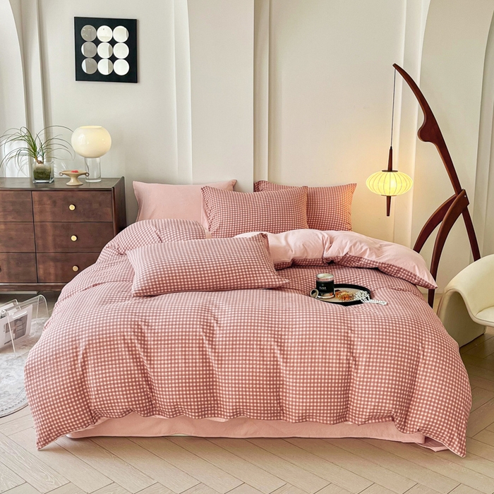 91家纺网 家纺一手货源 找家纺 优米家纺 2025新款色织双层纱木棉四件套 奶油粉格