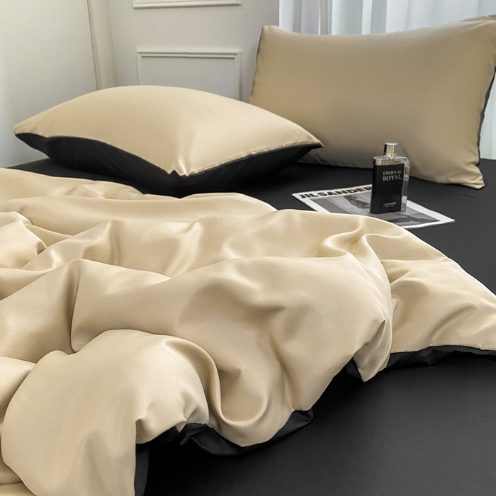 91家纺网 家纺一手货源 找家纺 乐沐家纺 2024新款夏季水洗冰丝四件套水洗真丝纯色双拼单被套-风格二 奶茶墨黑