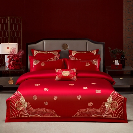 91家纺网 家纺一手货源 找家纺 （总）振翼家纺婚庆专供 2025新款全棉长绒棉婚庆精致绣花四件套