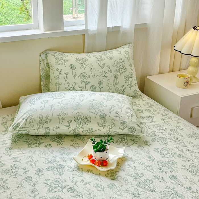 91家纺网 家纺一手货源 找家纺 优米家纺 2025新款ins小清新双层纱印花床单 锦绣花园