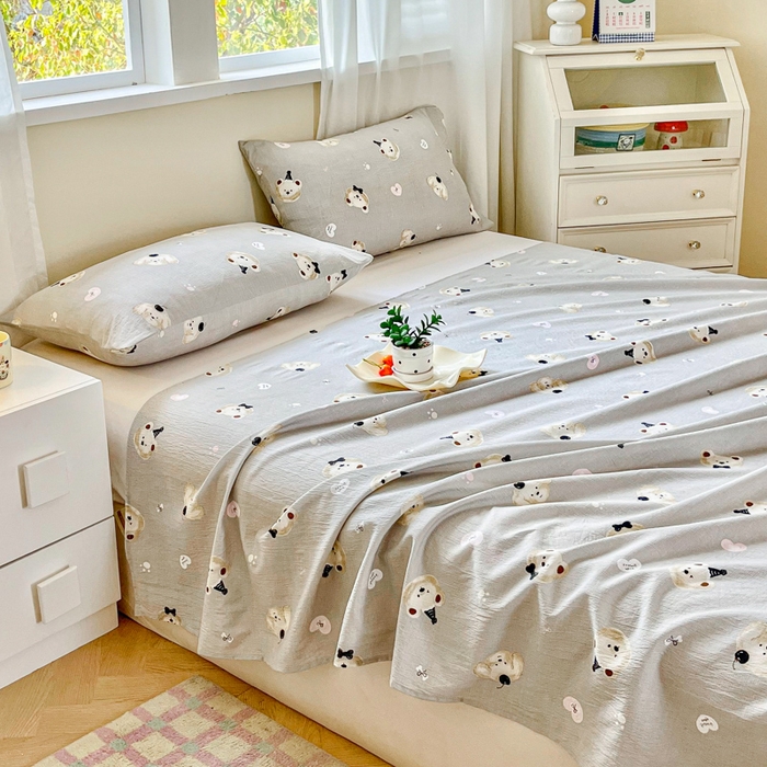 91家纺网 家纺一手货源 找家纺 优米家纺 2025新款ins小清新双层纱印花床单 爱心熊