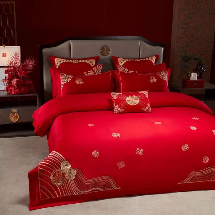 91家纺网 家纺一手货源 找家纺 振翼家纺婚庆专供 2025新款全棉长绒棉婚庆精致绣花四件套 喜相连金