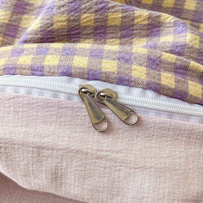 91家纺网 家纺一手货源 找家纺 优米家纺 2025新款色织双层纱木棉四件套 薰衣草紫+浅黄