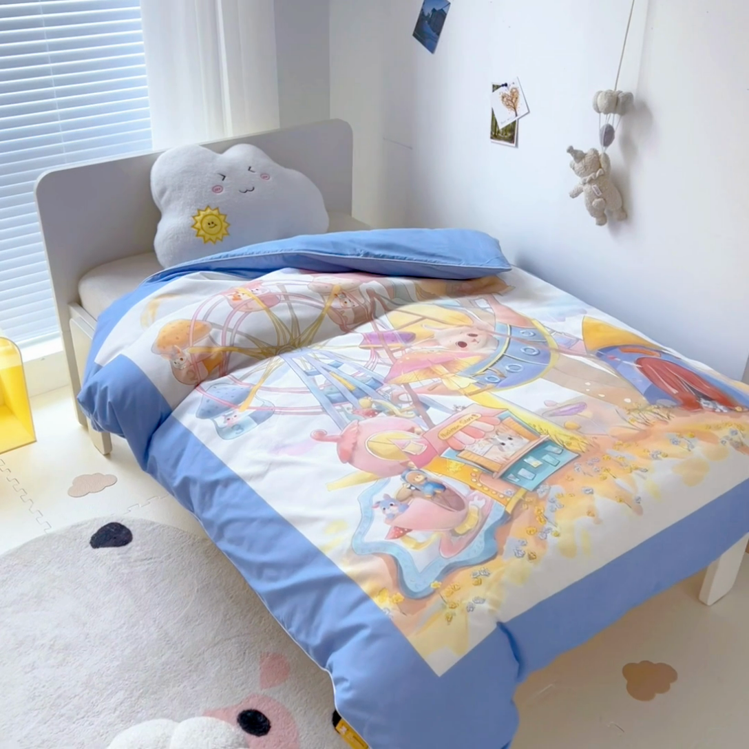 91家纺网 家纺一手货源 找家纺 梵赫 2025新款卡通全棉A类夹棉两用幼儿园儿童夏被被套 摩天轮-蓝