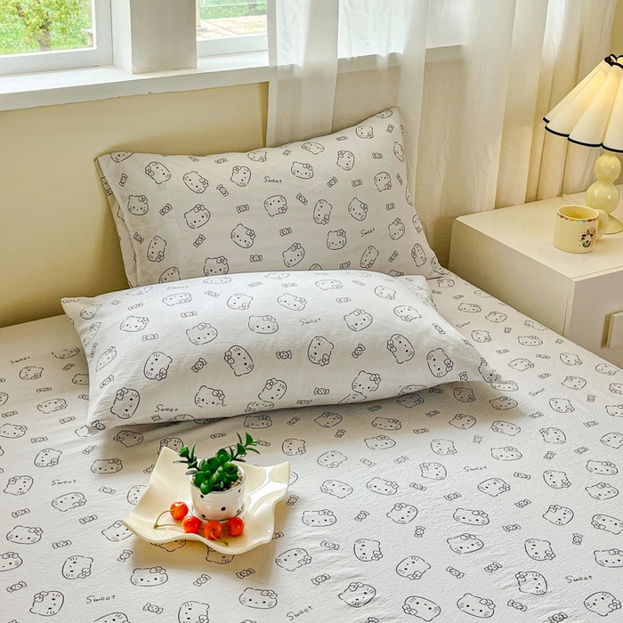 91家纺网 家纺一手货源 找家纺 优米家纺 2025新款ins小清新双层纱印花床单 奶猫