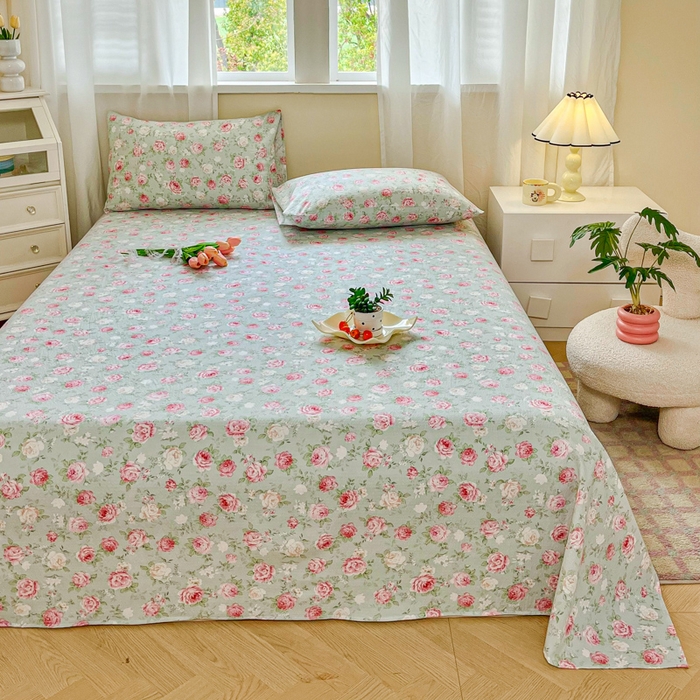 91家纺网 家纺一手货源 找家纺 优米家纺 2025新款ins小清新双层纱印花床单 牡丹花开