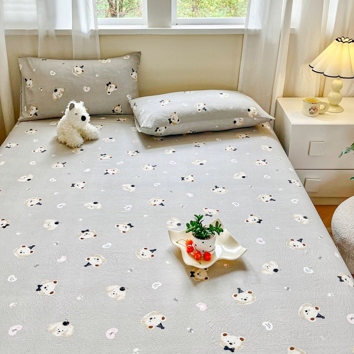 91家纺网 家纺一手货源 找家纺 优米家纺 2025新款ins小清新双层纱印花床单 爱心熊