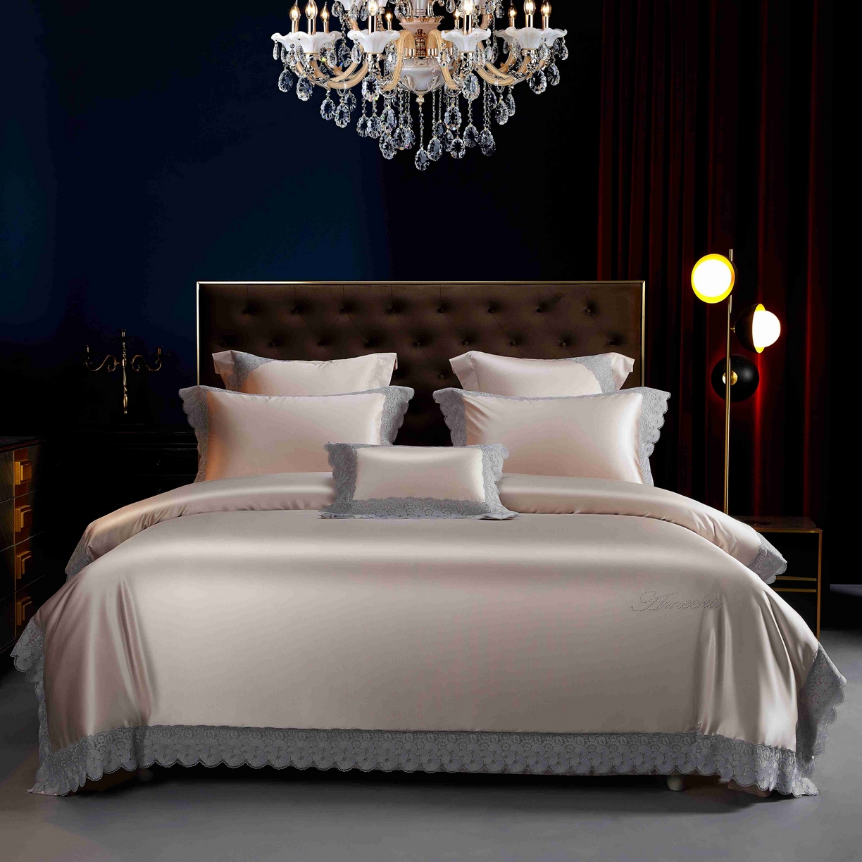 91家纺网 家纺一手货源 找家纺 缔缦 2025新款高端居家轻奢系列AB版真丝棉长绒棉四件套 繁星花语 粉金