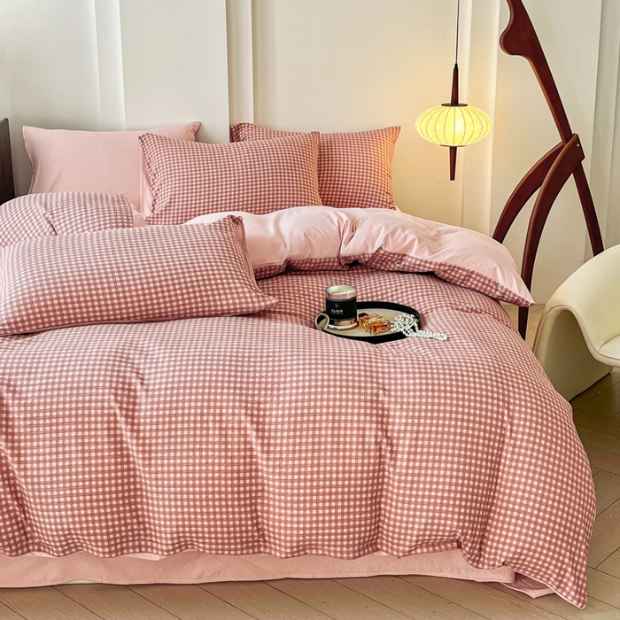 91家纺网 家纺一手货源 找家纺 优米家纺 2025新款色织双层纱木棉四件套 奶油粉格