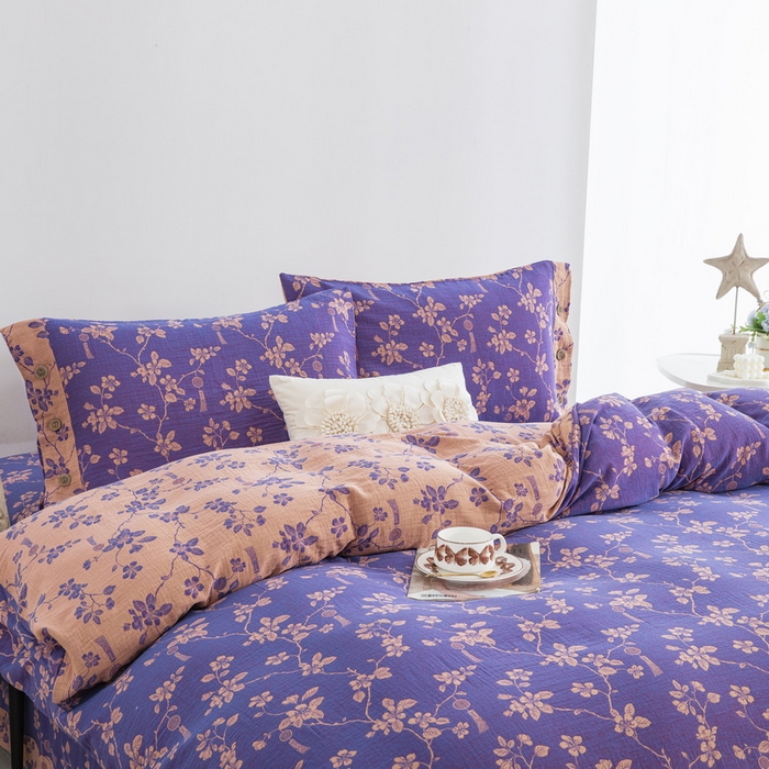 91家纺网 家纺一手货源 找家纺 鲁爱家纺供货 2025新款全棉色织双层纱纽扣四件套 春晖-紫罗兰