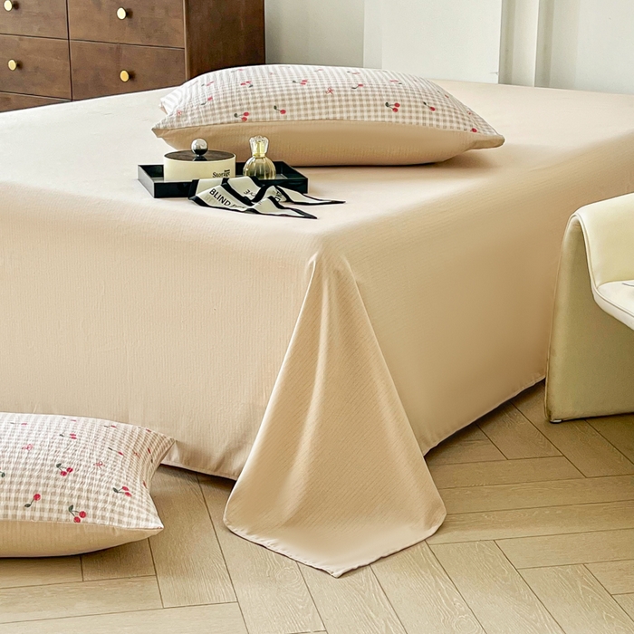 91家纺网 家纺一手货源 找家纺 优米家纺 2025新款色织双层纱木棉四件套 樱桃棕小格